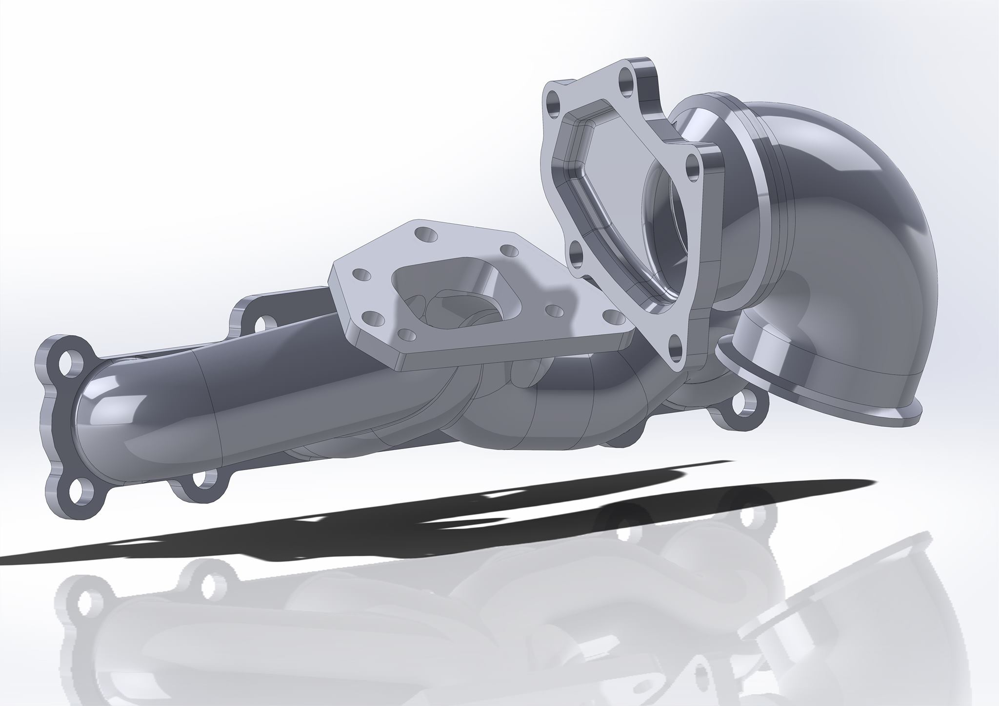 A CAD render of a machined turbo manifold.