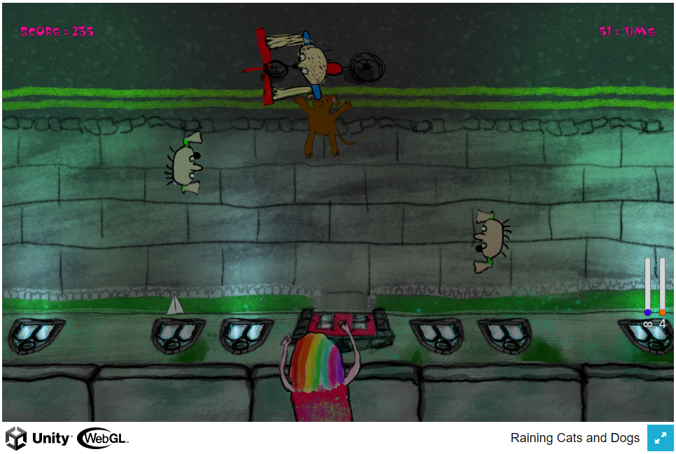 Gameplay screenshot from Raining Cats and Dogs, showing a hand-drawn dog and cat mid-chase with a score and timer HUD.